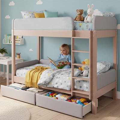 Stapelbed - 90x200 cm - Met Twee Lades - Veiligheidskant en Trap - Grenenhout - Grijs en Natuur