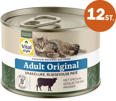VITALstyle Adult Original - Kattenvoer Natvoer - Met Rund - Gevarieerde Voeding Voor Een Levenslustige Kat - Met o.a. Catnip & Peterselie - 12 x 200 g