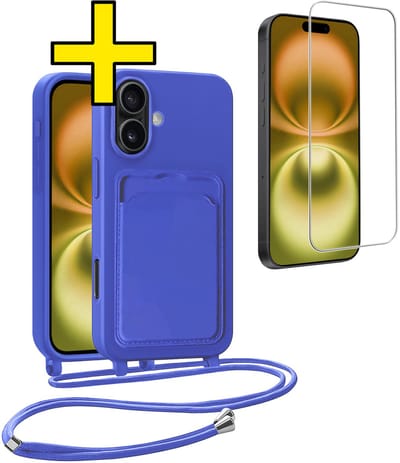 Hoesje Geschikt voor iPhone 16 Plus Telefoonhoesje Met Koord Case Pashouder Met Screenprotector Siliconen - Hoes Geschikt voor iPhone 16 Plus Hoesje Met Kaarthouder - Felblauw