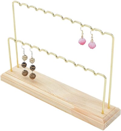 Dailygoods- Oorbelstandaard 2-Tier - Houten/Ijzeren Sieradenhouder - Gouden Display Stand - 22x5x14,9cm - Geschikt voor Oorbellen/Kettingen/Armbanden - Sieradenstandaard