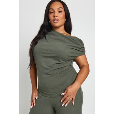 boohoo Dames Plus geribbelde asymmetrische top en wijde pijpenbroek | Kaki | Maat: 48