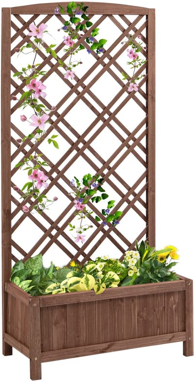 Plantenbak met klimrek - Weerbestendig - Bloembak - Met trellis - Buiten - Hout - Plantenrek - Rechthoekig - Geel