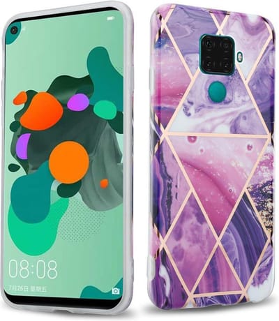 Cadorabo Hoesje geschikt voor Huawei MATE 30 LITE in Paars Golf Marmer No. 14 - Beschermhoes gemaakt van TPU siliconen Case Cover met mozaïek motief