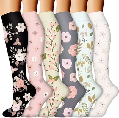 QTTVBTNA - Compressie sokken voor vrouwen - Sport Steunkousen - Lange compressiekousen - Voor Hardlopen Reizen Werk - Elastisch Comfort - Maat S/M - 6 Paar