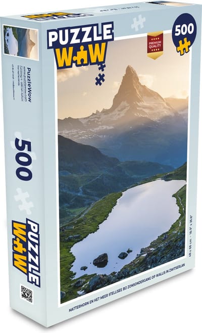 Puzzel Matterhorn en het meer Stellisee bij zonsondergang op Wallis in Zwitserland - Legpuzzel - Puzzel 500 stukjes