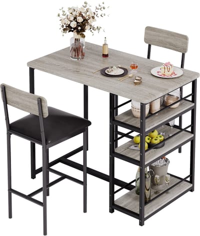 Jently eettafel set - eetkamer set - bartafel en stoelen - keukentafelset - 2 gestoffeerde stoelen - opbergplanken - zwart/grijs