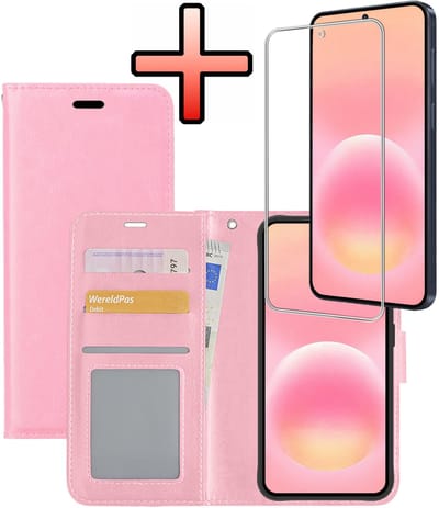 Hoesje - Met Screenprotector - Geschikt voor Samsung Galaxy A57 - Luxe Pasjeshouder - Bookcase Portemonee - Flip Case - Kunstleer Book Case - Flipcase - Book Cover - Walletcase - Portemonneehoes - Lichtroze