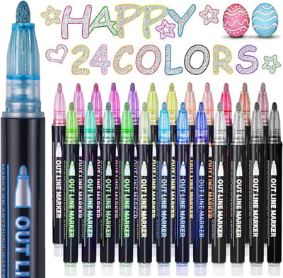 KZQ 24 dubbele lijn glitter markers - Zelfomtrekkende metallic pennen met sprankelend effect - Voor kleurboeken kunst en knutselen - Cadeau voor tieners en volwassenen - Magische en leuke tekenset