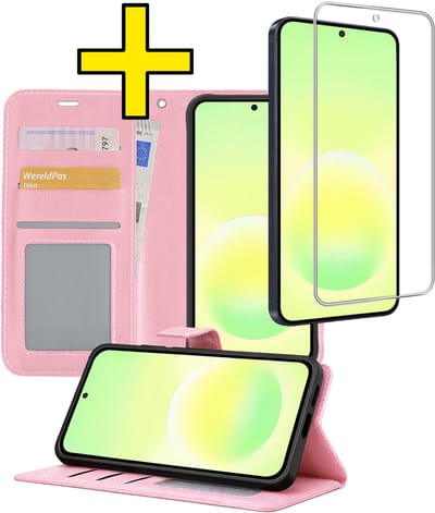 Hoesje - Met Screenprotector - Geschikt voor Samsung Galaxy A57 - Luxe Pasjeshouder - Bookcase Portemonee - Flip Case - Kunstleer Book Case - Flipcase - Book Cover - Walletcase - Portemonneehoes - Telefoonhoesjes - Lichtroze
