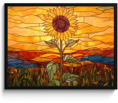 Poster in lijst - Fotolijst 70x50 cm - Posters - Zonnebloem - Mozaïek - Zonsondergang - Geel - Posterlijst zwart - Decoratie - Wanddecoratie woonkamer - Muurdecoratie slaapkamer