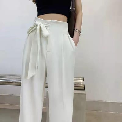 Witte Wijde Pijpen Broek voor Dames met Hoge Taille Hangende Zomer Nieuwe Stijl Strik Rechte Losse Vloer Pakbroek Dun XXL gray
