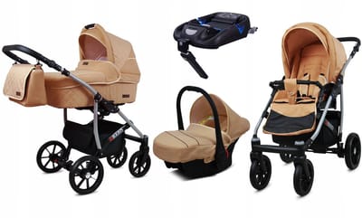 BabyLux® Kinderwagen 4in1 – QBARO - BEIGE - Opklapbare Wandelwagen incl. Reiswieg, Multifunctionele Buggy Sportstoel, Autostoel, ISOFIX basisstation - Combi-kinderwagen met Luiertas, Regenhoes, Klamboe