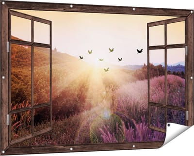 Gards Tuinposter Doorkijk Silhouet Zwerm Vogels bij Zonsondergang - 150x100 cm - Tuindoek - Tuindecoratie - Wanddecoratie buiten - Tuinschilderij