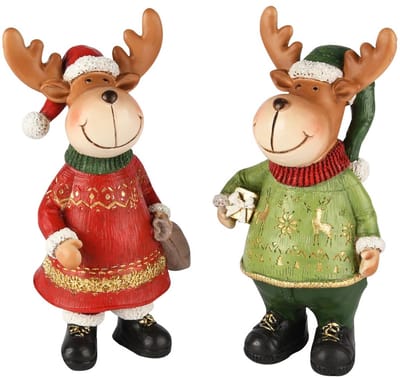 Dekoratief | Rendier staand m/kerstmuts, rood/groen, resina, 9x7x18cm, set van 2 stuks | A255219