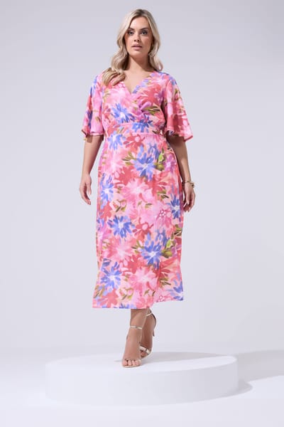 Yours London Roze Wikkeljurk Met Bloemenprint En Linnen Look Size 42