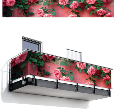 Balkonscherm 500x75 cm - Balkonposter Roze - Bloemen - Rozen - Bladeren - Balkon scherm decoratie - Balkonschermen - Balkondoek zonnescherm