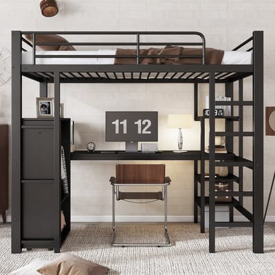 Wishdor Hoogslaper 90 x 200 cm – Met Bureau en Kledingkast – Opbergrekken en 5-Treeds Ladder – Ruimtebesparend voor Tiener- en Studentenkamer – Strakke Industriële Look – Metaal en MDF – Zwart