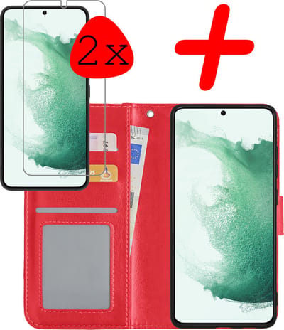 Hoesje Met 2x Screenprotector - Geschikt voor Samsung Galaxy S22 - Luxe Pasjeshouder - Bookcase Portemonee - Flip Case - Kunstleer Book Case - Flipcase Hoes - Book Cover - Walletcase - Portemonneehoes - Rood
