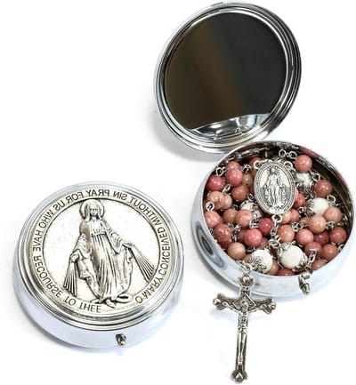 Cosensi - Roze Aventurijn Blauwe Lapis Lazuli Rozenkrans Ketting met Witte Howliet Steen - Mysterie Kralen - Wonderbaarlijke Medaille - Heilige Maria Metalen Doos