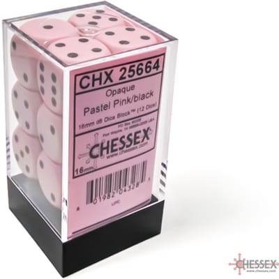 Chessex 12 x D6 Set Opaque Pastel 16mm - Pink/Black