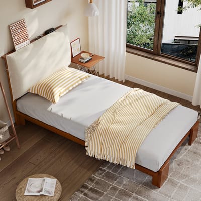 DESMIU Gestoffeerd Bed 90x200cm - Hoofdbord Met Gevoerde Rugleuning En Klittenband - Stevige Lattenbodem - Jeugdkamer Of Slaapkamer - Donkerbruin - Zonder matras
