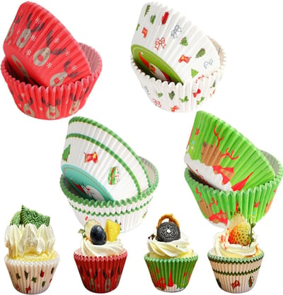 200 Stuks Muffin Vormpjes Papier, Cupcake Papier, wegwerpbakvormpjes,4 verschillende kerststijlen kerst bakvormpjes