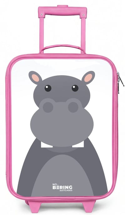 NoBoringSuitcases.com® - Kinderkoffer roze - Kindertrolley meisje - Dierenportret grijze nijlpaard - Koffer kind lichtgewicht - Reiskoffer trolley voor kinderen - Koffertje met lichtgevende wieltjes - Rolkoffer