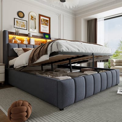 Gestoffeerd Bed 180x200 - Met LED USB En Hydraulische Opbergruimte - Hoofdbord Met Planken - Linnen - Grijs