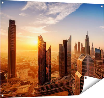 Gards Tuinposter Dubai Stad bij Zonsopgang - 100x80 cm - Tuindoek - Tuindecoratie - Wanddecoratie buiten - Tuinschilderij