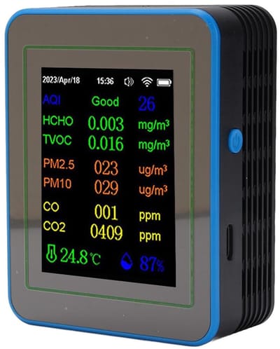 Luchtkwaliteitsmeter - Luchtmeter CO2 Detector - Binnenlucht Meten - 12-in-1 WiFi Metingen - 15x11x9 cm - Zwart Blauw