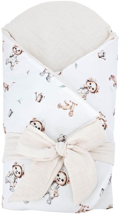 Printed Cotton and Muslin Swaddle Blanket with Coconut Gardener Bear