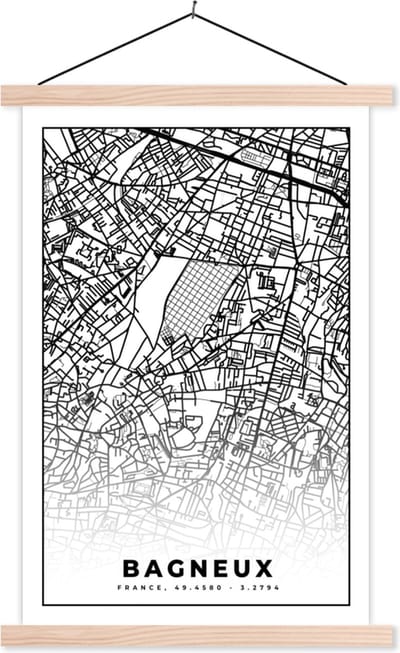 Posterhanger incl. Poster 40x60 cm - Schoolplaat - Stadskaart - Plattegrond - Kaart - Frankrijk - Bagneux - Zwart wit - Textielposter - Blanke latten - Stadskaart