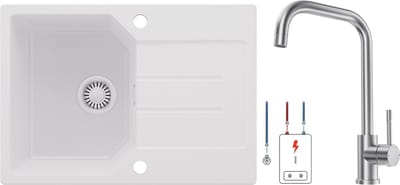 Anycee MAX Granieten Spoelbak 65x45CM - Spoelbakken Keuken Wit - Wasbak Keuken Met Lagedruk keukenkraan - Spoelbak Met Planchet en Afdruiprek - Spoelbakken Incl. Sifon en Afvoerzeefje