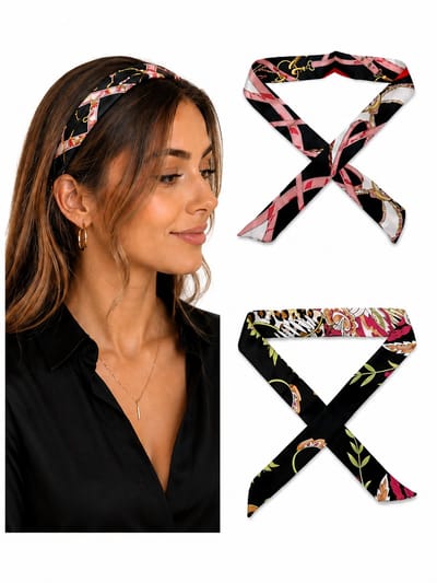 2 Stuks Satijnen Haarsjaaltjes voor Dames – Smal Haarsjaal / Haarlint – Roze Print & Zwart Bloemen – Multifunctioneel Haaraccessoire