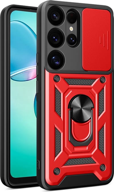 MobyDefend Hoesje - Geschikt voor Samsung Galaxy S25 Ultra - Pantsercase Met Draaibare Ring - Rood