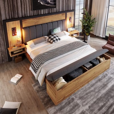 MEUNIQ tweepersoons bedframe 160x200 met lattenbodem, nachtkastjes, leeslampen, USB-C, opbergbank en metalen frame voor slaapkamer, eiken en grijs