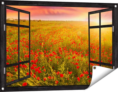 Gards Tuinposter Doorkijk Rode Klaproos Bloemenveld - Zonsondergang - 90x60 cm - Tuindoek - Tuindecoratie - Wanddecoratie buiten - Tuinschilderij