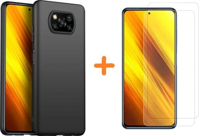 Screenprotector geschikt voor Xiaomi Poco X3 Hoesje Siliconen case Zwart cover TPU hoes met Poco X3 Screenprotector Glazen tempered glass 2 pack