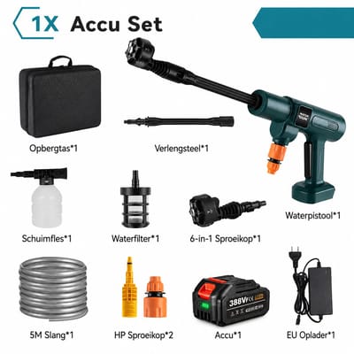 Pelor Hogedrukreiniger Accu 200 Bar met Batterij – Draadloze Hogedrukspuit Auto Terrasreiniger 18V 6-in-1 Mondstuk