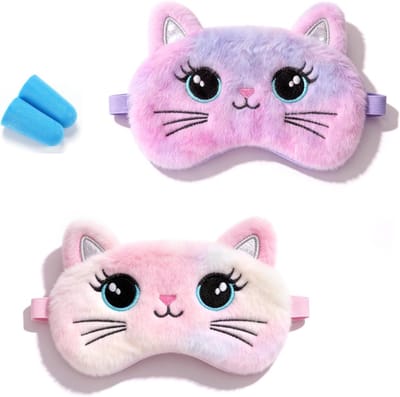 Zacht en lichtdicht slaapmasker voor kinderen, pluche kat design, set van 2 met oordopjes voor comfortabel slapen en dutjes