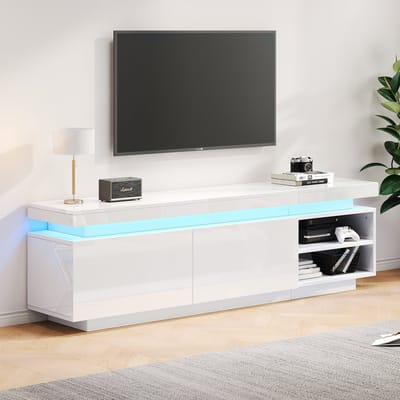 STILVORA TV-meubel - Hoogglans TV-Kast met LED-Band en Opbergvak - Voor Woonkamer en Slaapkamer - 170x35x50 cm - Spaanplaat - Wit