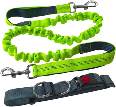 Handsfree hondenriem, grijze verstelbare tailleriem en groene intrekbare bungee-riem, jogging hondenriem met reflecterende stiksels