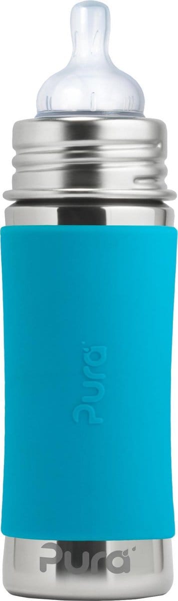 Pura Speenfles 325 ml - Plasticvrij - Drinkfles - Voorkomt Maagkrampen - Vaatwasserbestendig - Inclusief Siliconen Speen, Reisdop en Sleeve - Top is Verwisselbaar - Veelzijdig - Aqua