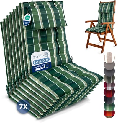 Beautissu Sun-HL - Set van 7 Premium Hoge Rugleuning Kussen met Hoofdkussen 120x50 cm – UV-bestendig & 8cm Dik Kussen Tuinstoelkussen Antislip Bevestigingsbanden – Stevige Stof Groen geblokt