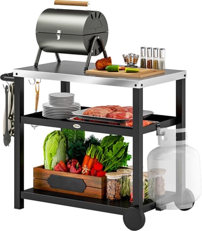 Daity Buitenbarbecuewagen, verplaatsbaar pizzaovenrek met drie niveaus, roestvrijstalen werkblad, verplaatsbare barbecuewagen met haken en wielen, antracietgrijs.