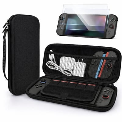 IMENGINE® Nintendo Switch 2 Case met Accessoires - 23 delig - Beschermhoes, Screenprotectors & Gamecardhouder – Complete Beschermingsset – waterbestendig en schokbestendig - Zwart