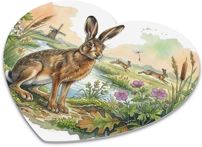 Hartvormige Muismat "Aquarel Series" Hollandse Haas in de Polder met Molen & Beekje - Waterverf Wilde Dieren Natuur Bureau Accessoire Cadeau voor haar: Vrouw,Vriendin & Collega - Uniek Hartjes Design Computermuis Mat Thuiswerkplek