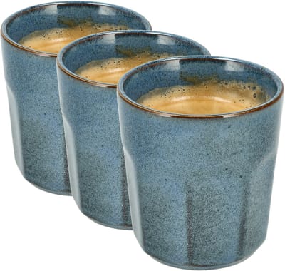 Koffiekopjes Set van 3 – Blauw Glazuur Bekers 200ml Zonder Oor – Keramische Espresso Kopjes en Cappuccino Bekers – Aardewerk Koffiemokken – Voor Koffie, Thee en Horeca Gebruik