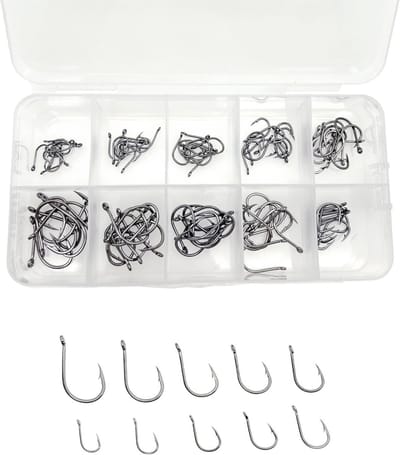 Dailygoods- Vishaken 100 Stuks - Koolstofstalen Vishaken - Met Ogen - Met Weerhaak - Cirkelvishaken - Plastic Doos - Haak