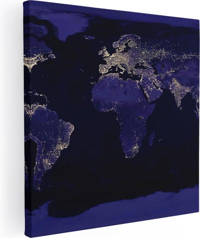 Artaza Canvas Schilderij Wereldkaart - 70x70 cm - Wanddecoratie Wereldkaart - Muurdecoratie Woonkamer - Schilderijen Op Canvas Nachtlichten